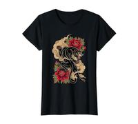 Panther Neo Traditional Tattoo Art Floral Peony Flash Value Graphic T-Shirt, Women, Black, S