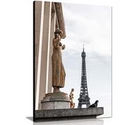 Panther Print Fine Art Prints Architectural Golden Statue & the Eiffel Tower Artistic Framed Canvas Print, Pictures for Home Walls, Bedroom, Living Room & Bathroom Decor 31x20cm (12x8in)