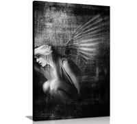 Panther Print Fine Art Prints Black & White Sitting Woman with Angel Wings Artistic Framed Canvas Print, Pictures for Home Walls, Bedroom, Living Room & Bathroom Decor 31x20cm (12x8in)