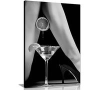 Panther Print Fine Art Prints Black & White Woman High Heels & Cocktail Artistic Framed Canvas Print, Pictures for Home Walls, Bedroom, Living Room & Bathroom Decor 76x51cm (30x20in)