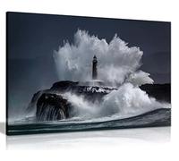 Panther Print Fine Art Prints Old Lighthouse & sea wave Splash at Night Artistic Framed Canvas Print, Pictures for Home Walls, Bedroom, Living Room & Bathroom Decor 91x61cm (36x24in)