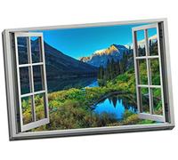 Panther Print Large Mountain Lake Scenic View 3D Window Effect Canvas Print Picture Wall Art - Large 30x20 Inches