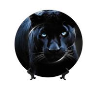 Panther With Blue Eyes Ceramic Decorative Plates Bone China Decorative Plate With Display Stand Handmade Ceramic Ornament Personality Porcelain Dinner Plate Crafts For Home Office Wall Decoration 25cm