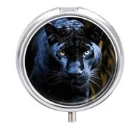 Panther with Blue Eyes Pill Box Cute Round Small Pill Organizer Portable with 3 Compartments Travel Metal Pill Case for Pocket Or Purse Privacy Protecting Medicine Box