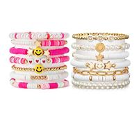 PANTIDE 14Pcs Pink and White Preppy Heishi Bracelets Set Smile Boho Beaded Bracelet Y2K Polymer Acrylic Clay Pearl Wristband Stretchable Charm Friendship Bracelet Jewelry Birthday Gift for Women Girls