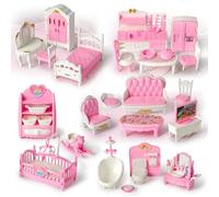 PANTIDE 38Pcs Dollhouse Furniture Set - Miniature Pink Play-set with Bedroom Kitchen Bathroom Nursery Role Play Toys for Girls Plastics Dolls House Accessories Great for Birthdays