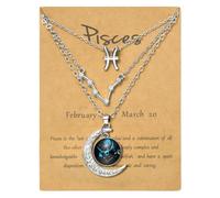 PANTIDE 3Pcs Pisces Zodiac Crescent Moon Layer Necklaces for Women Girls | Silver Plated, 12 Constellation Pendant Necklace, Message Card, Astrology Horoscope Zodiac Sign Jewelry Birthday Gift