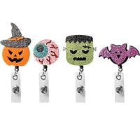 PANTIDE 4Pcs Halloween Retractable Badge Reel Felt, Pumpkin Badge Holder Bat Badge Clip, Name ID Card Badge Clip for Kids Office Staff Student Nurse, Halloween Glitter Decorative Badge Reel Metal Clip