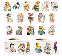 PANTIDE 500Pcs Vintage Bunny Sticker (2Rolls) Easter Cartoon Cute Rabbit Baby Doll Round Stickers Self-Adhesive Decorative Birthday Gift Tag Wrapping Decoration School Reward Easter Party Supply