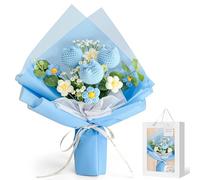 PANTIDE Completed Crochet Flowers Bouquet - Blue Knitted Flowers Bouquet with Gift Bag Greeting Card String Light Tulips Artificial Floral Arrangement Gift for Anniversary Graduation Mother's Day