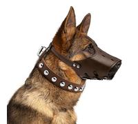 PANTIDE Dog Muzzle Collar Set-Durable Leather Mouth Cover and Adjustable Matching Collar for Large Dog Allow Panting Drinking Breathable Muzzle with Anti-Breakaway Loop Prevent Bite Bark(Coffee,L)