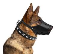 PANTIDE Dog Muzzle Collar Set-Durable Leather Mouth Cover and Adjustable Matching Collar for Large Dog Allow Panting Drinking Breathable Muzzle with Anti-Breakaway Loop Prevent Bite Bark(Black,L)