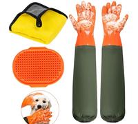 PANTIDE Pet Grooming Gloves Set - Waterproof Bite Proof Extra Long Cleaning Mitt Hair Brush Drying Puppy Bath Towel for Dog Cat Bathing Massaging Multifunctional Silicone Cleaning Gloves 25.2in/64cm