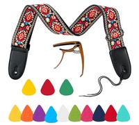 PANTIDE Vintage Embroidered Ukulele Strap - Adjustable Ukulele Strap with Wooden Ukulele Capo 3 Plastic Picks 10 Colourful Felt Ukulele Picks Red strap for Ukulele Mini Guitar Man Women Adult Kids
