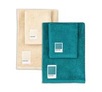 SWEET HOME PANTONE™ - 100% OEKO-TEX Certified Pure Cotton Bath Towels and Bidet Towels, 2 Bath Towels 50 x 100 cm and 40 x 50 cm, Soft and Absorbent Also as Gym Towel, Teal and Vanilla