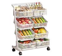 Pantry Kitchen Fruit and Vegetable Organizer Cart on Wheels White, 3/4 Tier Storage Shelf with Removable Mesh Baskets, Movable Metal Snack Organizer Display Stand