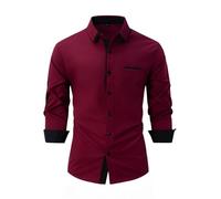 PANVER Men's Formal Shirt Casual Fashion Color Matching Long-Sleeved Top Classic Stretch Business Work Shirts K-Wine Red M