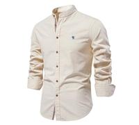 PANVER Men's Formal Shirt Casual Fashion Solid Color Long-Sleeved Top Classic Stretch Business Work Shirts E-Khaki L
