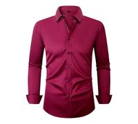 PANVER Men's Formal Shirt Casual Fashion Solid Color Wedding Long-Sleeved Top Classic Stretch Business Work Shirts N-Date Red S