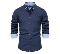PANVER Men's Formal Shirt Classic Stretch Business Work Shirts Casual Fashion Solid Color Long-Sleeved Top A-Navy S