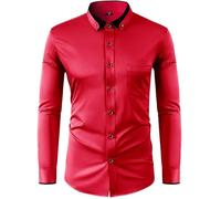PANVER Men's Formal Shirt Classic Stretch Business Work Shirts Regular Fit Fashion Casual Long-Sleeved Top F-Red L