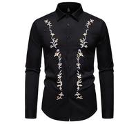 PANVER Men's Formal Shirt Regular Fit Casual Fashion Flower Embroidery Long-Sleeved Top Classic Stretch Business Work Shirts B-Black S