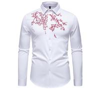 PANVER Men's Formal Shirt Regular Fit Casual Fashion Flower Embroidery Long-Sleeved Top Classic Stretch Business Work Shirts E-White XXL