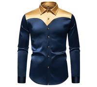 PANVER Men's Formal Shirt Regular Fit Color Matching Fashion Casual Long-Sleeved Top Classic Stretch Business Work Shirts D-Navy M
