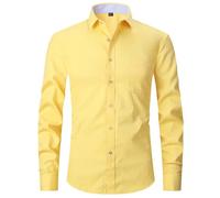 PANVER Men's Formal Shirt Regular Fit Fashion Casual Solid Color Long-Sleeved Top Classic Stretch Business Work Shirts K-Yellow 5XL
