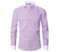 PANVER Men's Formal Shirt Regular Fit Fashion Casual Solid Color Long-Sleeved Top Classic Stretch Business Work Shirts F-Light Purple L