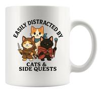 Panvola Easily Distracted By Cats and Side Quests Cat Lover Gifts Gamer Gifts Board Game Video Game Cat Dad Mom Novelty Drinkware Ceramic Mug 11 oz White