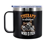 Panvola Therapy Is Expensive Wind Is Free Motorcycle Gifts Biker Rider For Dad Husband Boyfriend Uncle Travel Mug Insulated Coffee Mug with Handle and Lid Camping Travel Thermal Mugs 14 oz Black