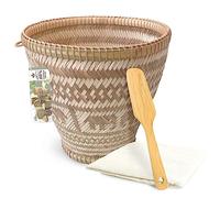 PANWA Handmade 100% Natural Traditional Thai Bamboo Wicker Sticky Rice Cooking Basket Lucky Elephant Weave with Large Size with 24x24 Inch Cheesecloth Wrap and Vintage Wooden Paddle