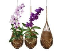 PANWA Handmade 100% Thai Bamboo Woven 4 Inch Hanging Orchid Basket - Set of 3 Multi-Purpose Bird Nest Style Plant Hangers for Gazebo - Indoor/Outdoor Flower Planter (Natural Brown)