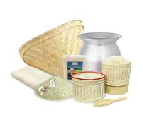 PANWA Sticky Rice Deluxe Value Savings Set - Includes Steamer Pot, Handcrafted Bamboo Wing Basket & Lid, 24” Grade 90 Cheesecloth, Kratip & 500 g. Premium Thai Sticky Rice with Paddle