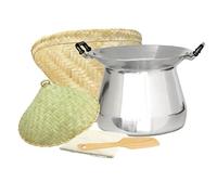 PANWA Sticky Rice Professional Thai Chef Grade Cookware Set Restaurant Quality Steamer Pot, Handcrafted Bamboo Wing Basket & Lid, 24” Grade 90 Cheesecloth, & Rice Paddle Ladle