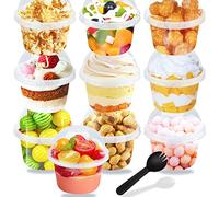 Panxxsen 50 Pcs 8oz Clear Plastic Cups with Dome Lids, Disposable Parfait Cups with Sporks for Dessert Salad and Fruit