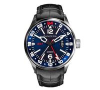 Panzera Flieger 45G Mechanical Automatic Steel Black Blue Leather Sapphire Date Men's Watch, Black, Strap