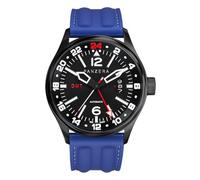Panzera Flieger 45G Mechanical Automatic Steel Black Silicone Blue Sapphire Date Men's Watch, red, Strap