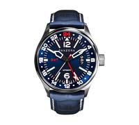 Panzera Flieger 45G Mechanical Automatic Steel Blue Leather Sapphire Date Men's Watch, Black, Strap