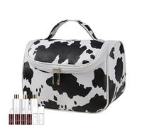 Paodduk Makeup Organizer Bag - Cow Print Makeup Cosmetic Organizer Pouch - Portable Large Capacity Case Travel Bag with Zipper for Toiletries, Skincare, Shampoo