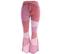 PAODIKUAI Women Patchwork Jeans Bell Bottom Raw Hem Denim Pants Slim Bootcut Jean, 1883-red, Large