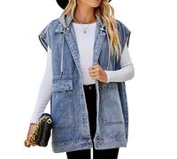 PAODIKUAI Women's Oversized Denim Vest Mid Long Jean Vest Sleeveless Jackets Distressed Vest Cotton, A-blue With Hood, 3XL