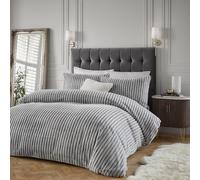 Riva Paoletti Duvet Cover Set – Alpine, Striped Soft Faux Fur, Minimalist – Grey Double