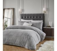 Paoletti Alpine Duvet Cover Set - Soft Faux Fur Striped Minimalist Bedding Set (Grey - Double)