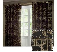 Paoletti Bamboo Eyelet Curtain Pair - Lined Room Darkening Geometric Jacquard Luxury Curtains (Black - 117x137cm)