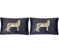 Paoletti Cheetah Forest Velvet Cushion Cover - Realistic Animal Botanical Soft Durable Decorative Cushion (Navy - 50 x 30cm) (Pack of 2)