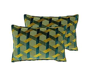 Paoletti Delano Twin Pack Feather Filled Cushions, Teal/Gold, 40 x 60cm