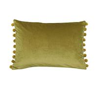Riva Paoletti Fiesta Rectangular Cushion Cover - Bamboo Green - Gold Pompom Edges - Faux Velvet - Reversible - Zip Closure - 100% Polyester - 35 x 50cm ( 14" x 20" inches)