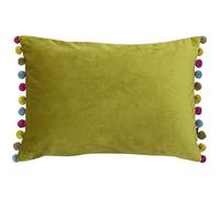 Paoletti Fiesta Rectangular Cushion Cover - Faux Velvet with Pompom Edges (Bamboo/Multi - 35 x 50cm)
